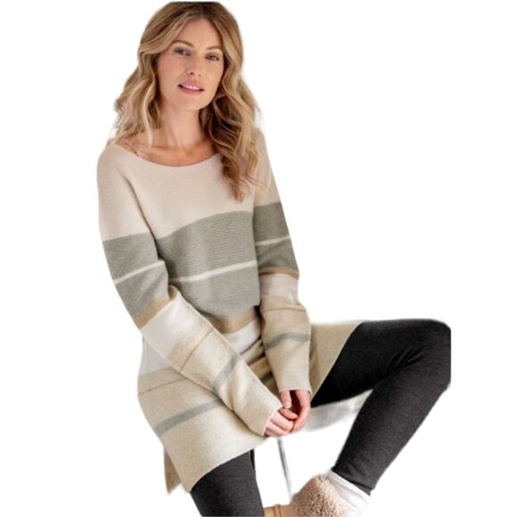 Celtic & Co. Yoke Detail Wool Striped Neutral Tunic NWT - Picture 1 of 12